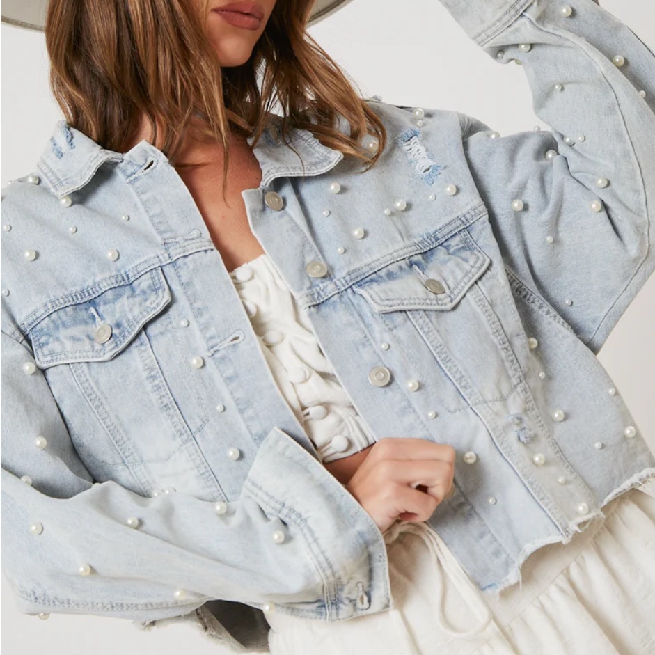 Peach Love Cropped Denim Jacket With Pearls In Light Wash